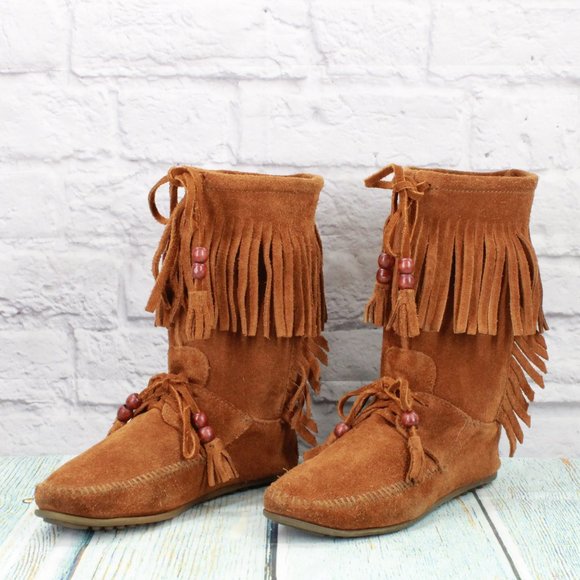 *Minnetonka Brown Suede Lace-up Pull On Fringe Moccasins Booties Size - Picture 2 of 9